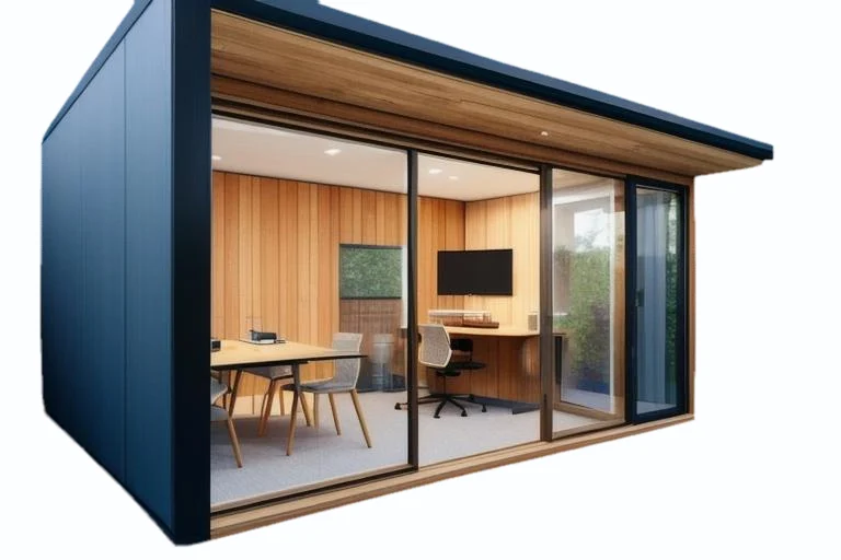 A modern office container with a sliding door and a stylish desk, emphasizing a clean and efficient work environment - office and dry containers