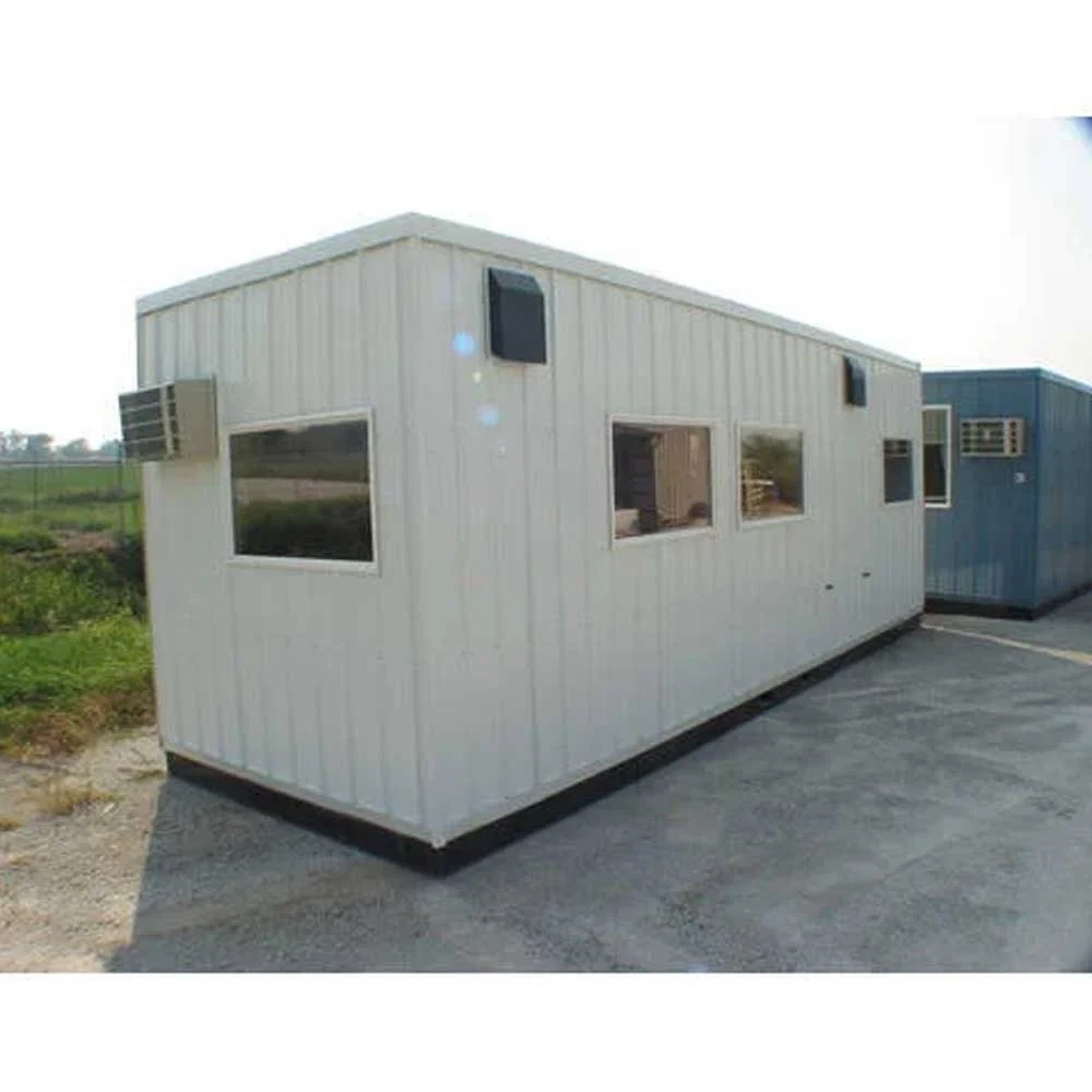 A white prefabricated portable cabins with multiple windows and a door, emphasizing its functional and minimalist architecture - office and dry containers