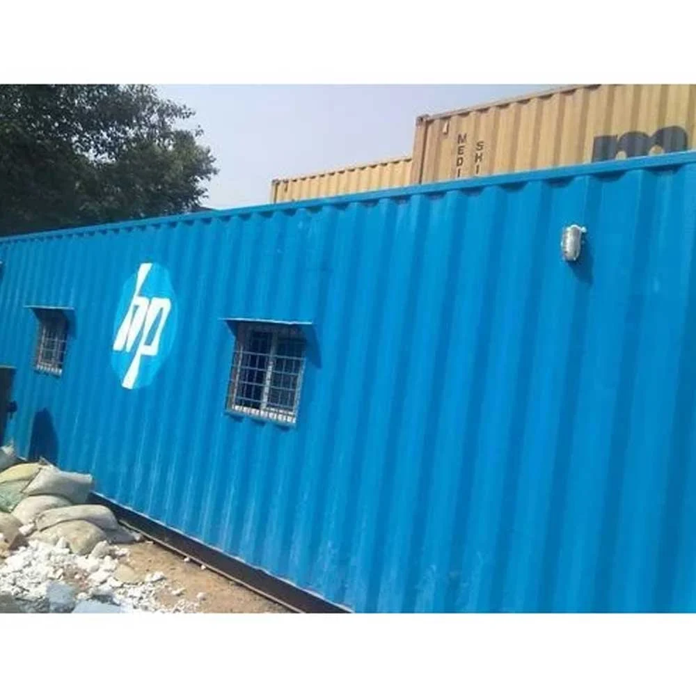 A blue portable cabins featuring the HP logo, symbolizing technology and logistics - office and dry containers