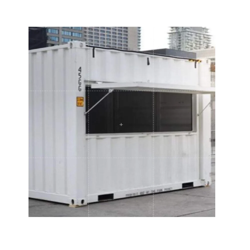 A white restaurant container cabin with a side window, allowing visibility into the contents inside - office and dry containers