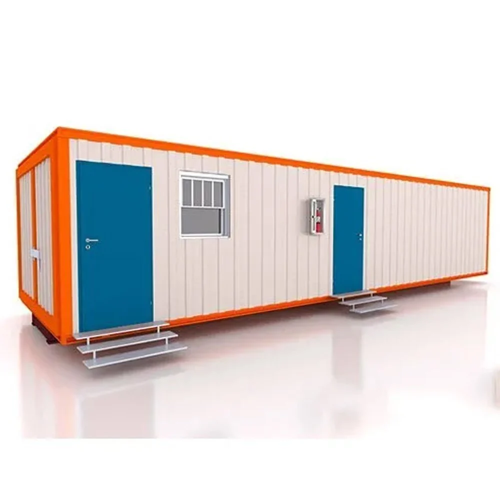 A Rectangular steel portable container house featuring vibrant orange and white walls, showcasing a modern and unique architectural design - office and dry containers