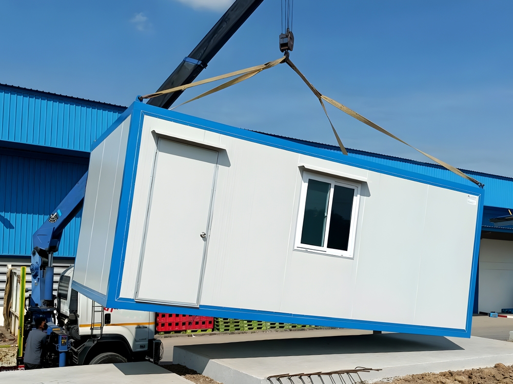 A portable office containers featuring orange and white walls complemented by elegant wooden flooring, creating a warm and inviting atmosphere - office and dry containers